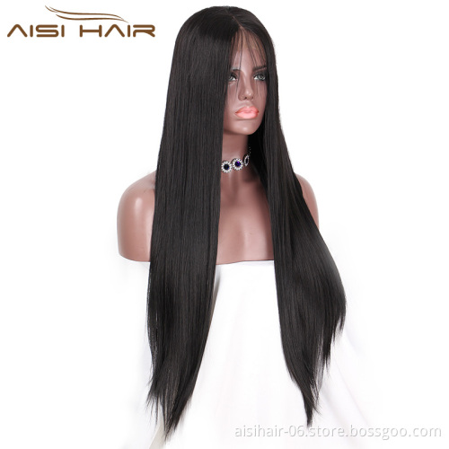 Aisi Hair Wholesale Long Silky Straight Black Synthetic Lace Front Wigs With Baby Hair For Women Heat Resistant Fiber